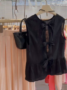 French Style Retro Black Linen Sleeveless Shirt Vest Womens Summer Bows Shoelace Hollow Backless Small Shirt Top