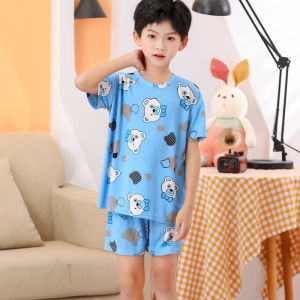 Childrens Summer Ice Silk Sleepwear Short Sleeve Thin Set Boys Home Clothes Air Conditioning Suit Breathable Moisture Wicking Antibacterial