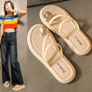 Womens Summer Sandals Soft Bottom Anti-Slip Casual Beach Toe-Post Slippers Korean Style Youth Daily Wear PVC Injection Moulding
