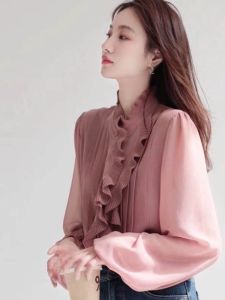 Autumn Fashion French Style Elegant Retro Pleated Ruffle Chiffon Shirt