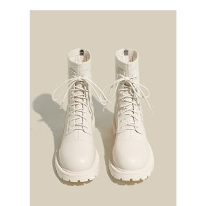 Womens Martin Boots Knot Thick Bottom Knight Short Boots Single Boot White Laced Boots Winter Rubber Outsole round Toe Booties