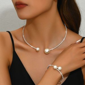 3-Piece Set Pearl Necklace Earrings Elegant Bridal Jewelry Adjustable Bracelet Jewelry for Women’s