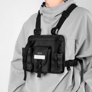 Mens and womens black vest bags multiple pockets adjustable straps and buttons tactical chest bag suitable for outdoor spo