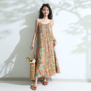 Miccbeirn | Silk Satin Print Strapless Long Dress Summer Vacation Beach Style Loose Waist No Sleeve Plant Floral Patterned Over-Knee Gown