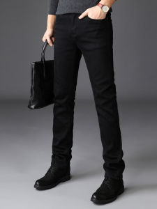 New 2024 Mens Pure Black High Elastic Denim Jeans Straight Leg Casual Trousers Trendy Brand Spring Large Size mid Waist Zipper