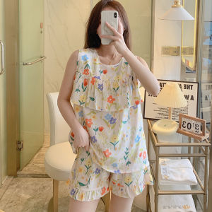 Ultra-Thin Cotton Silk Sleepwear Women Summer Anti-Bulge Vest Shorts Sleeveless Set Cool Feeling Home Clothes Sweet Style