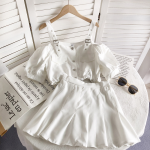 Korean Age-Reducing Button-up Short Sleeve Shirt and High-Waisted Ruffled Short Skirt Two-Piece Set for Women