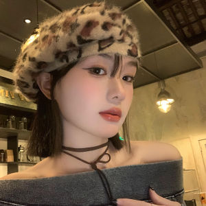 Leopard Print Stuffed Retro Rabbit Fur Beret Female 2024 Fall and Winter Big Head Circumference Face Little Wild Painter Hat Fashion