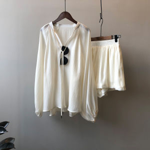 Sun Protection Long Sleeve Lantern Sleeve Shirt And Shorts Set Womens Summer Casual Lazy Style High End Feeling Outfit