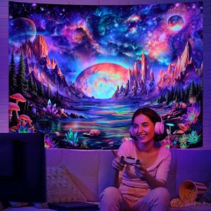 VIKAMA Psychedelic Galaxy Planet Mountain Lake Blacklight Tấm Thảm Phản Ứng Tia Cực Tím Trippy Treo Tường Trang Trí Nhà Bằng Vải Polyester Mềm Mại Bền