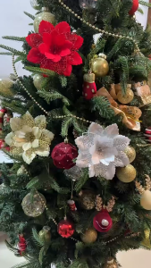 50PCS Glitter Christmas Poinsettia Flowers with Clips Artificial Xmas Tree Ornaments for Wreath Home Holiday