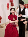 Red Chinese Style Cheongsam Wedding Dress New Version Short Sleeve Middle Waist A-Line Skirt for Bride Gown Custom Made. 