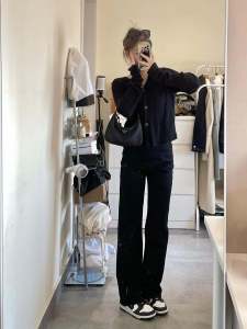 กางเกงยีนส์ทรงตรงเอวสูงเอวยางยืดสีดำสำหรับผู้หญิงไซส์ใหญ่ กางเกงขายาวทรงเข้ารูปขากว้างเอวสูง ทรงเข้ารูป เอวสูง ทรงหลวม สไตล์ฤดูใบไม้ร่วง