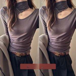 MiiOW | Áo sơ mi nữ tay dài cổ cao khoét sâu gợi cảm thường ngày mùa thu 2025 Áo lót trong suốt bằng vải polyester và lanh