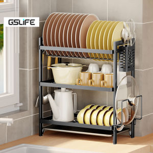 GSLIFE Rak Piring Stainless Steel Cuci Piring Wastafel 2/3 Susun Tingkat Rak Dapur Rak Mangkuk Piring Dengan Aksesoris