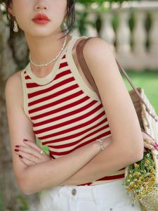 Womens Stripe Knitted Tank Top Short Sleeveless Vest Summer Outerwear Small Size Suit Inner Match Base Shirt Fashion Commute