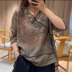 Chinese Style Embroidery Ramie Printed Half Sleeve Shirt Womens Summer Plus Size Diagonal V-neck Lace-up 3/4 Sleeve Linen Tops