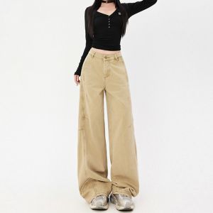 Retro Khaki Denim Jeans Womens Loose High Waist Wide Leg Deconstructed Pants American High Street Design Spring Casual Straight Leg Jeans