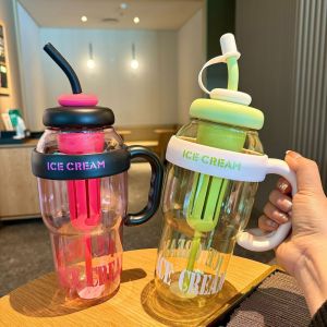 【Free Brush】1300ml Large Capacity Cute Plastic Water Cup 5 Color Water Bottle With Straw And Handle Heat-resistant Water Bottle Water Cup BPA Free earphea
