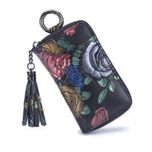 Fashionable Ladies Tassel Leather Keybag with Rose Pattern Multifunctional Large Capacity Compact Card Holder with 8 Key Positions