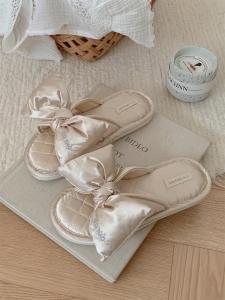 Dép Nữ Vải Lanh Cotton Sang Trọng Trong Nhà Mùa Xuân Hè Thu Sang Trọng Chống Trượt Thắt Nút Bướm Vải Satin Dép Xăng Đan