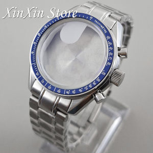 Blue Bezel VK63 39.7mm Mens Watch Case Moon Pattern Back Chronograph For VK63A VK63 VK64 Quartz Movement Fits 20mm Strap Case