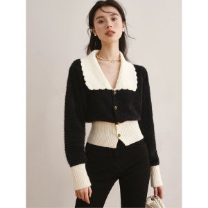 ชิค ตุ๊กตาต่อต้านวัย ปกเสื้อ ถัก คาร์ดิเกน ผู้หญิง ฤดูใบไม้ร่วง ฤดูหนาว สไตล์ อุ่น สวมใส่ด้านใน สลิมฟิต แขนยาวคอวีแคชเมียร์