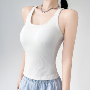 Miiow | Cat Lady White Ribbed Tank Top Strap Thin Womens Slimming Back Covering Side Breast Pad Summer Fashion Backless Vest