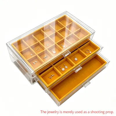 Yellow Three-Layer Jewelry Storage Box with Multiple Drawers and Transparent Compartments for Organizing Earrings Rings and Oth