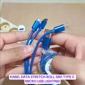 V183 KABEL DATA 3 CABANG TARIK STRETCH ROLL 3IN1 TYPE C MICRO USB LIGHTING TARIK DAN GULUNG LIPAT PE