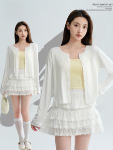 miiow | Lightweight Long Sleeve White Knitted Sun Protection Cardigan Women Summer Gentle Lazy Cool Feeling Air Conditioner Shirt Strap Dress Coat