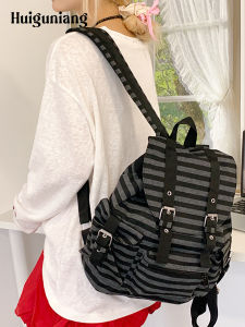 Retro Striped Large Capacity Backpack Drawstring Casual Shoulder Bag for Junior High School Girls Student Backpack Leisure