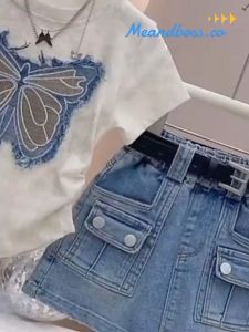 Setelan Fashion Anak Perempuan Motif Kupu-Kupu & Rok Jeans dengan Tali Pinggang