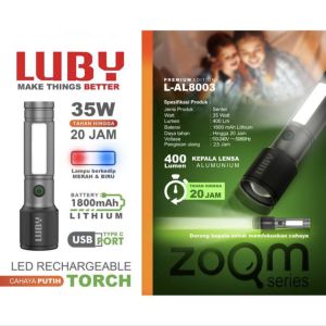 Senter tangan LUBY 35W LED Zoom L-AL8003 super terang 6 mode cahaya body aluminium Type C Rechargeable