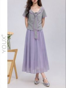 YOUXIANG | Chân Váy Dài A-Line Cao Waist Tím Chảy