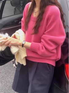 Raspberry Colored Womens Knitted Sweater round Neck Inner Wear Bear Skin Simulation Fufu Style Lazy Autumn Winter Top