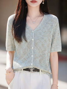 YUEXINYIRONG | Elegant Colorful Lace V-Neck Short Sleeve Knit Cardigan