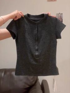 Deep Grey Semi-Unbuttoned Pure Cotton Short Sleeve Womens T-shirt Summer plus Size Slimming Top Commute Versatile Korean Style