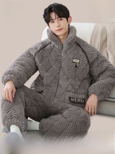 miiow | Mens Winter Thickened Fleece Pajamas Coral Velvet Home Clothes Set Warm Three-layer Cotton Youth Long Sleeve Zipper Nightgown
