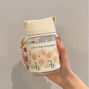 【Half Price For 2nd Pc】Fashion Coffee Cup Drinking Straw Water Bottle Coffee Mug With Pearl Hand Necklace Flask Glass Cup With Straw teachers day gift New Year Gift#027