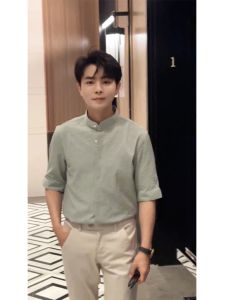 Light Green Short Sleeve Shirt Mens Summer Thin High-End Feeling Handsome New Chinese Style Stand Collar Half Sleeve Shirt