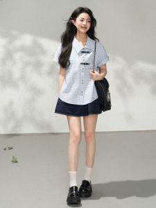 KEIKO | Stylish Casual Summer Short Sleeve Light Blue Plaid Loose Fitting Blouse