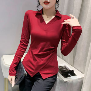 เสื้อยืดคอโปโลแขนยาวสำหรับผู้หญิง YIMEI ฤดูใบไม้ร่วงและฤดูหนาว