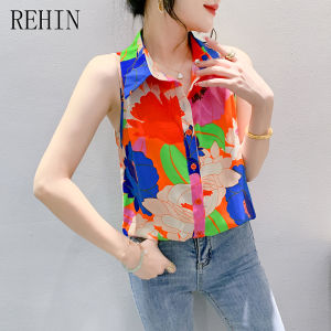 REHIN เสื้อสายเดี่ยวแขนกลางลายพิมพ์แฟชั่นใหม่สำหรับฤดูร้อน สไตล์หลากหลาย หน้าเสื้อเนื้อผ้าลายดอกไม้ เรียบหรูสำหรับผู้หญิง