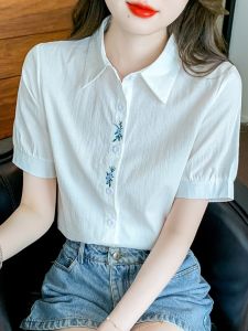 Embroidered Cotton Summer Womens Shirt Short Sleeve Loose Versatile Collar