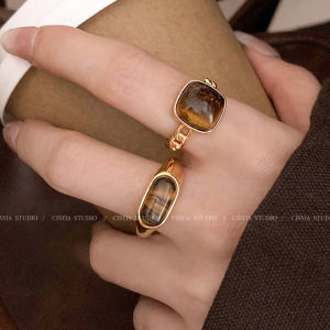 Square Amber Ring for Women Vintage Tiger Eye Stone Yellow Gold Finger Ring Luxury Sensation Midi Ring Fashion Jewelry Accessory