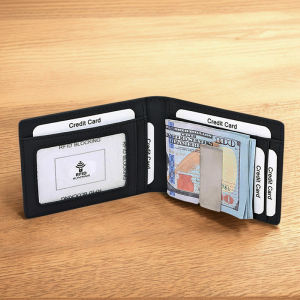 กระเป๋าสตางค์ขนกันขโมย RFID แบบสั้นสำหรับผู้ชายคลิปเงินหนังวัวลวดลายคาร์บอนไฟเบอร์