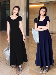 Spring Summer Womens Slim Fit Short Sleeve Dress Holiday Long Gown Draping Midi Skirt Cotton Blend Knitted A-Line Dress