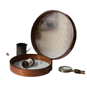 Retro Chinese Style round Tea Tray Home Living Room Glass Wood Hibiscus Flower Tea Set Storage Plate Traditional Oriental Design