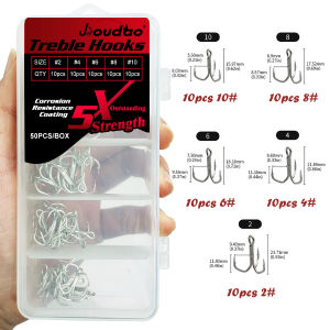 50Pcs Treble Fishing Hook Set Treble Fishing Hooks Carbon Steel Strong Sharp Round Bend Hooks for Saltwater Fishing Mixed 5 Size